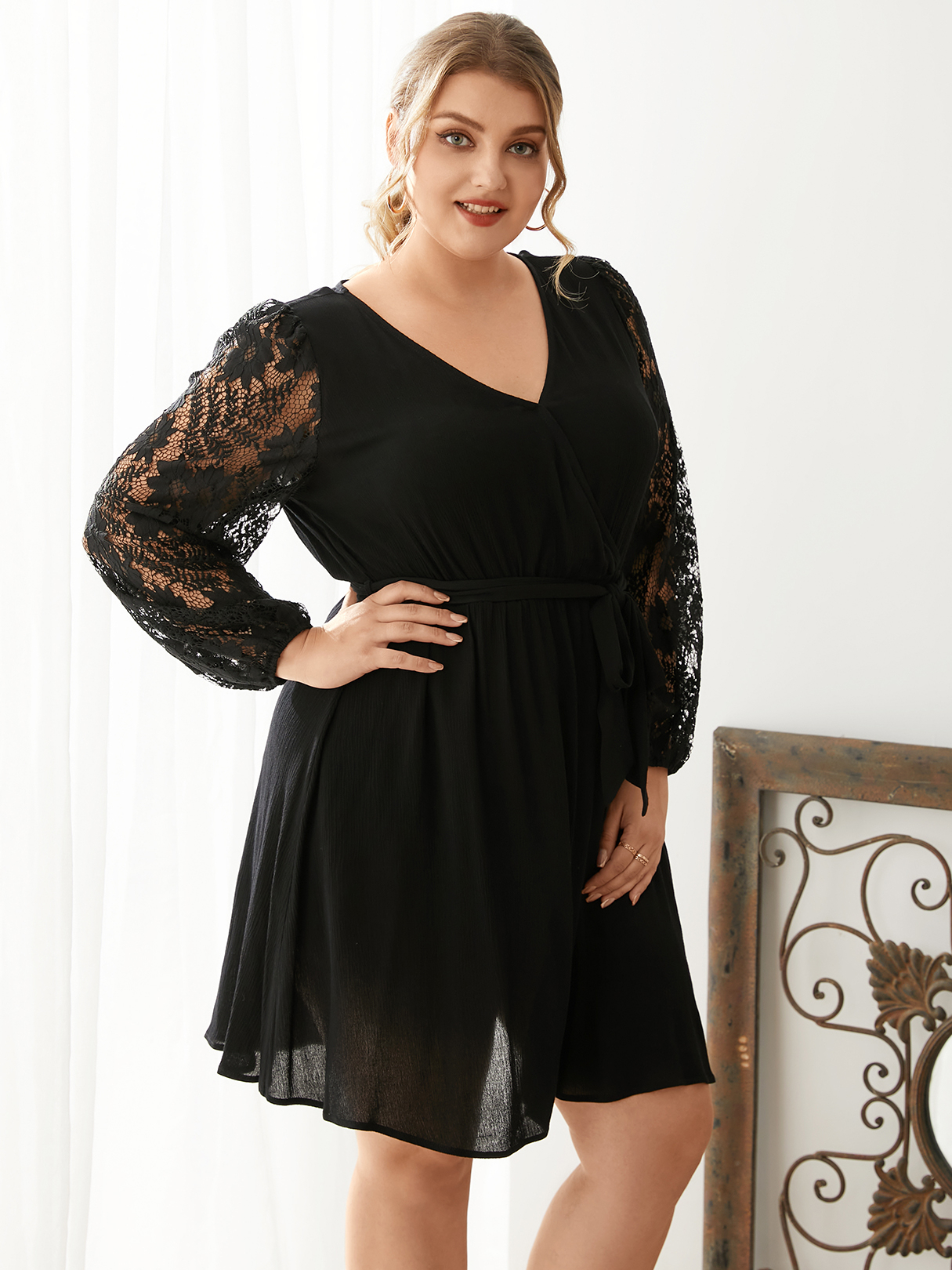 YOINS Plus Size V-neck Belt Design Wrap Design Long Sleeves Dress