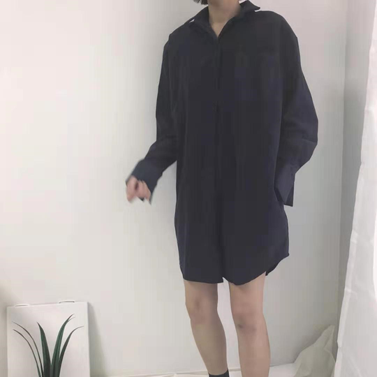 Seoulflash - Long-Sleeve Oversized Plain Shirt - Navy/One Size