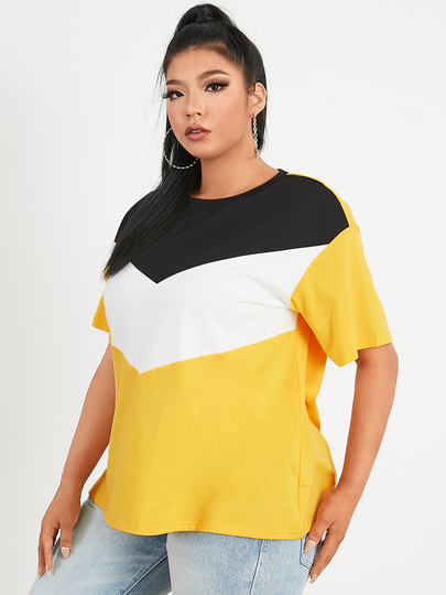 YOINS Plus Size Crew Neck Color Block Short Sleeves Tee