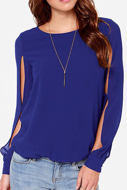Navy Round-neck Long Sleeves Blouse