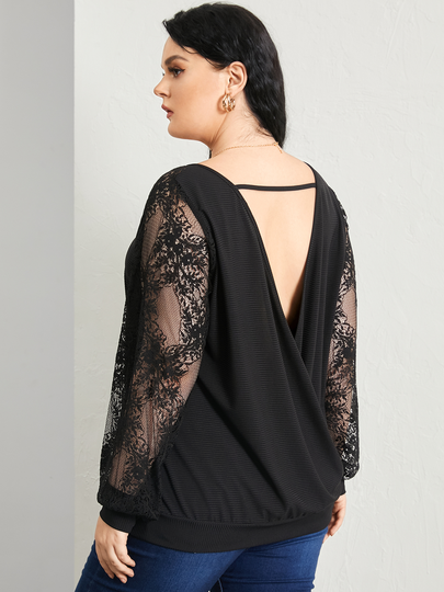 YOINS Plus Size V-neck Lace Backless Design Patchwork Ribbed Knit Sweater