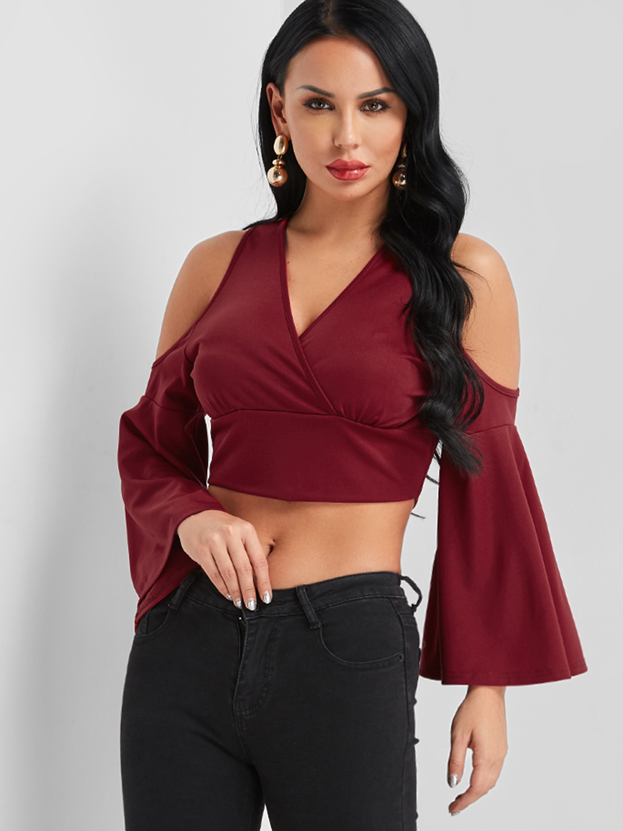 Burgundy Cold Shoulder Cross Front Bell Sleeve Crop Top