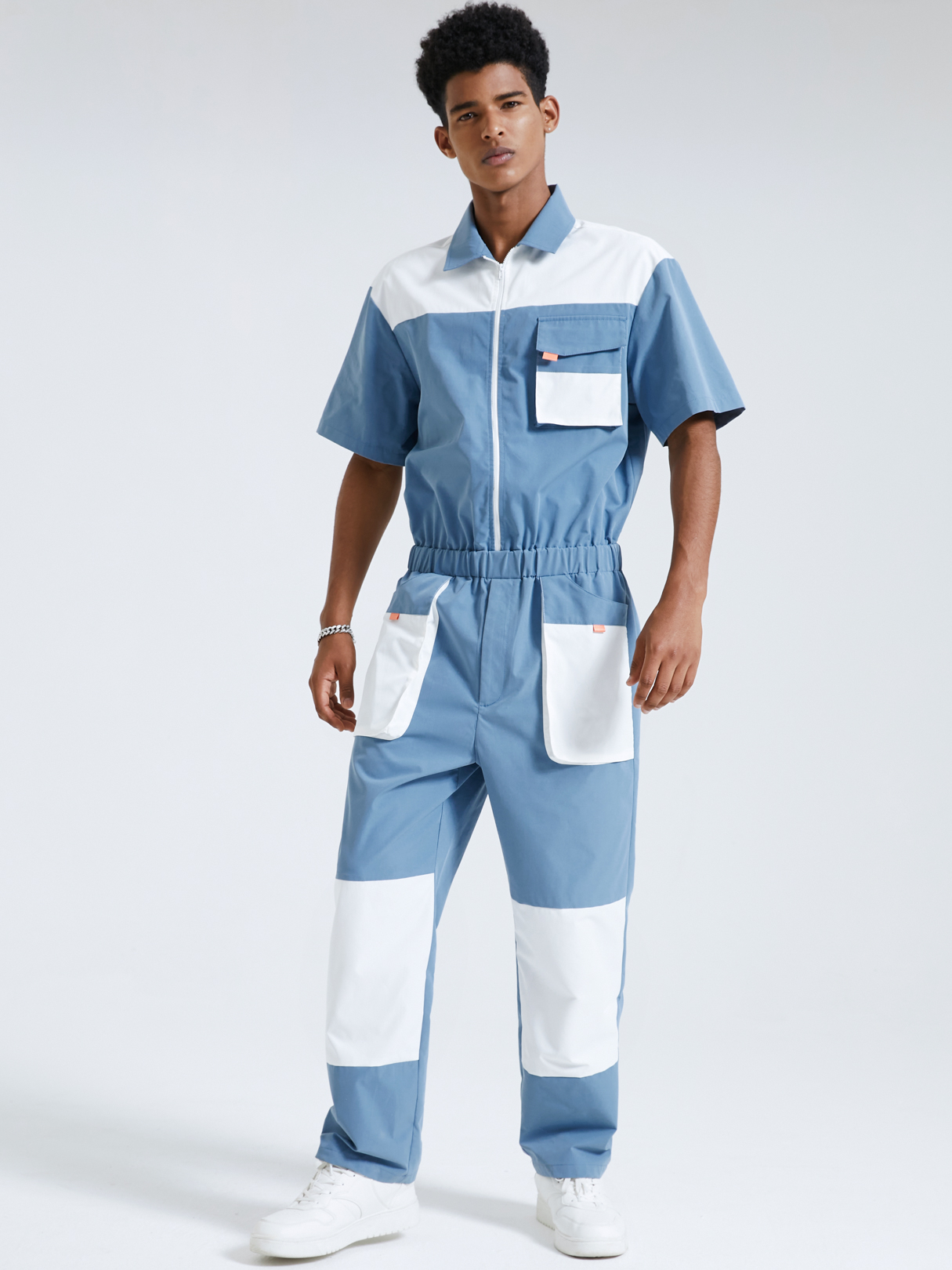 Men Fashion Color Block Print Short Sleeves Jumpsuit