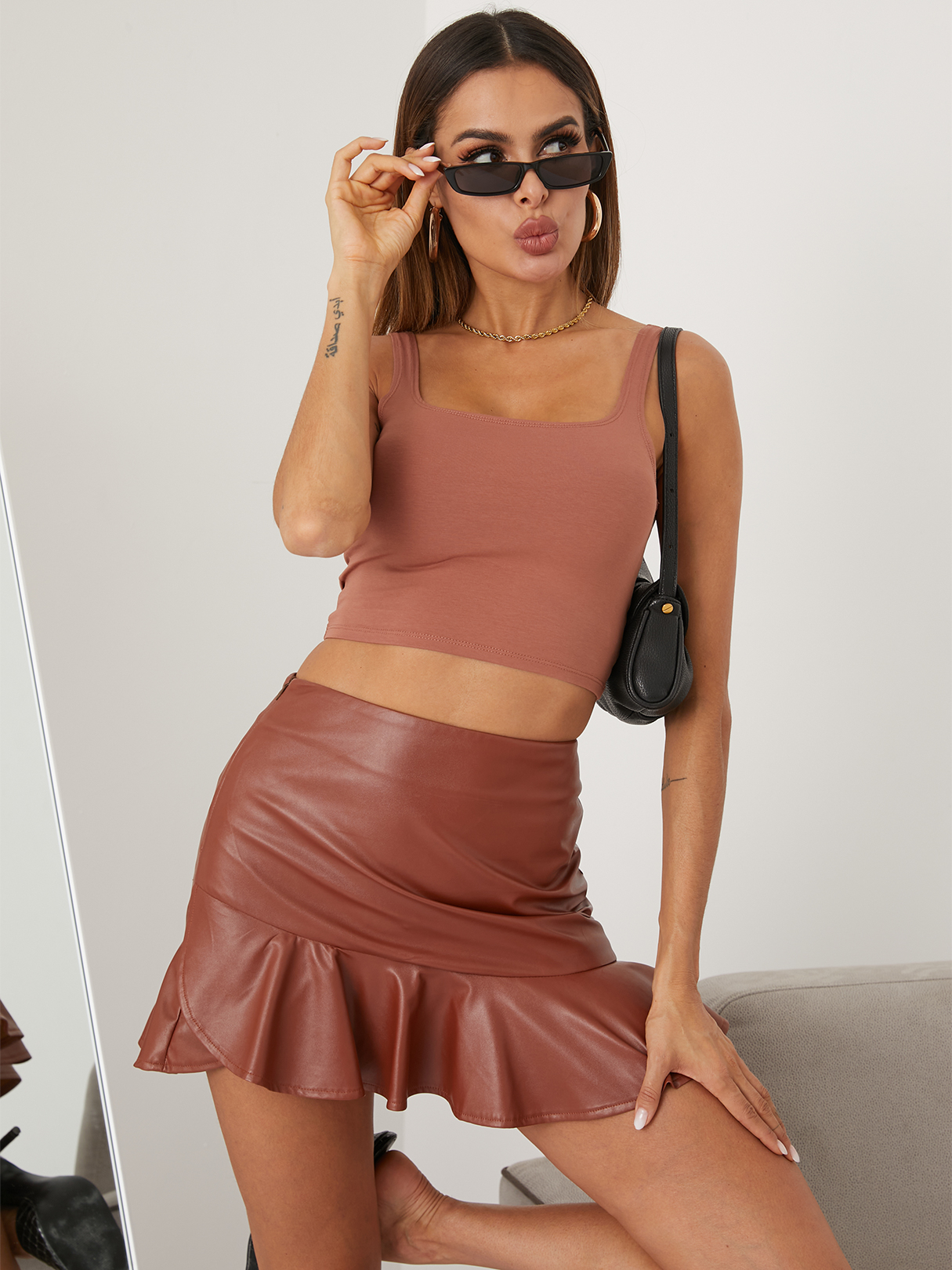 YOINS Ruffle Hem Leather Mini Skirt