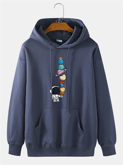 Men Casual Astronaut Planet Print Kangaroo Pocket Long Sleeve Hoodie