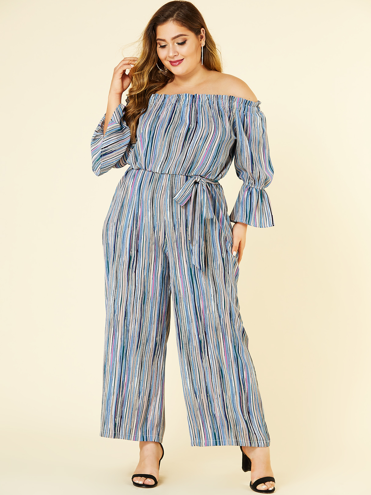 YOINS Plus Size Multi Color Stripe Off-the-shoulder Jumpsuits With Belt