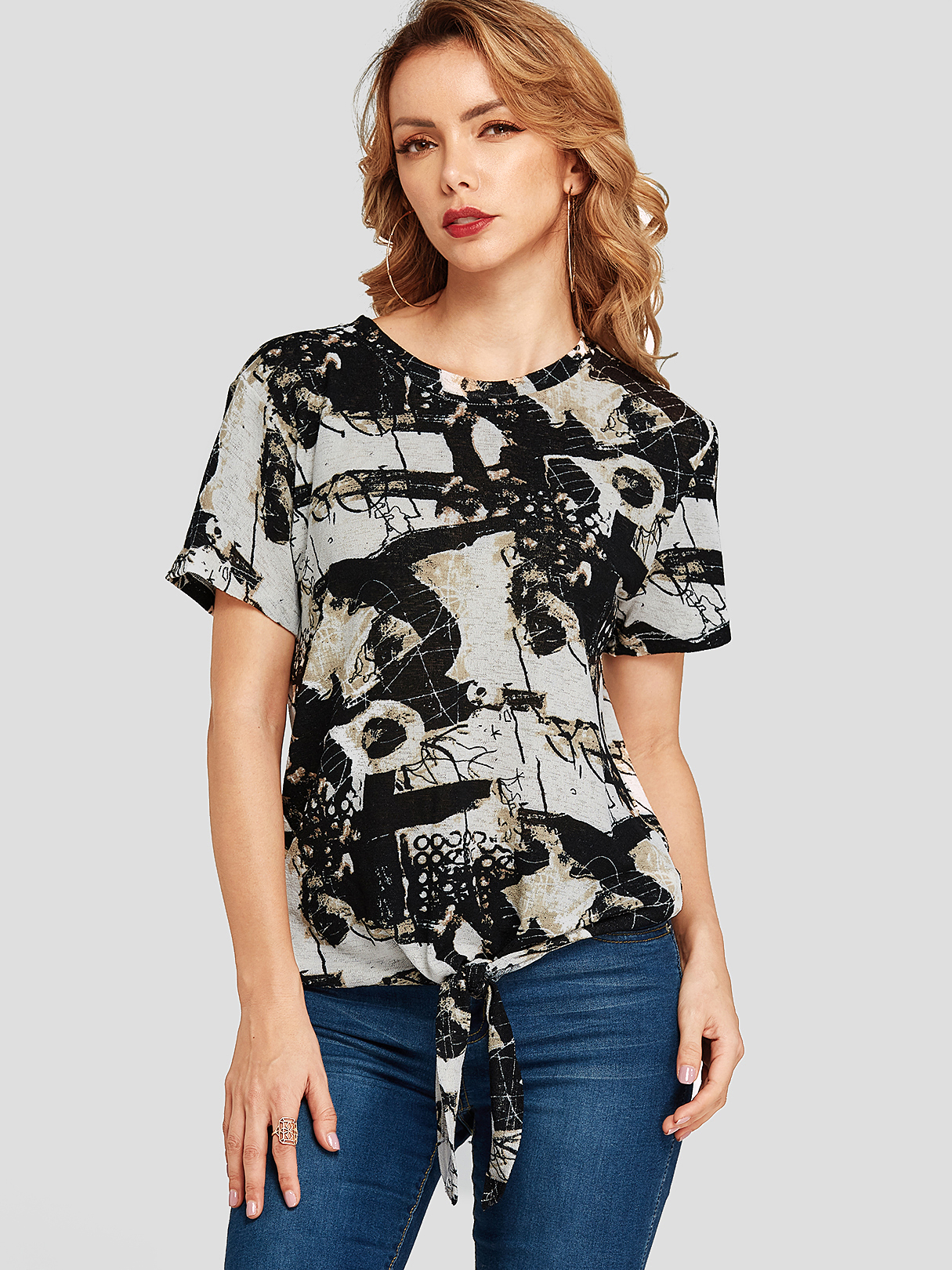 YOINS Black Knotted Abstract Print Round Neck Tee