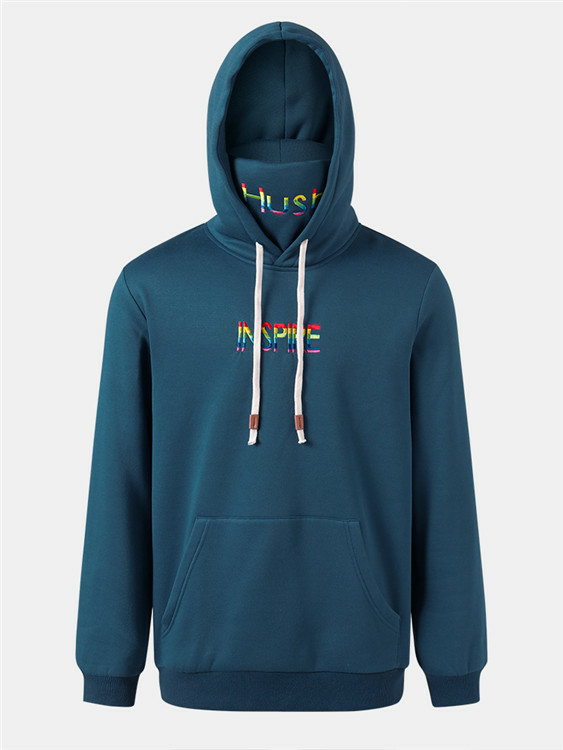 Newchic Men Blue Hooded Letter Print Drawstring Hoodie Sweatshirt