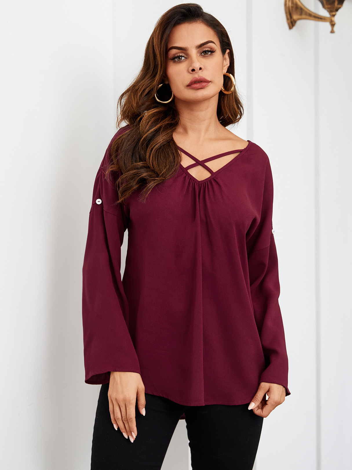YOINS Burgundy Backless Design V-neck Long Sleeves Tee