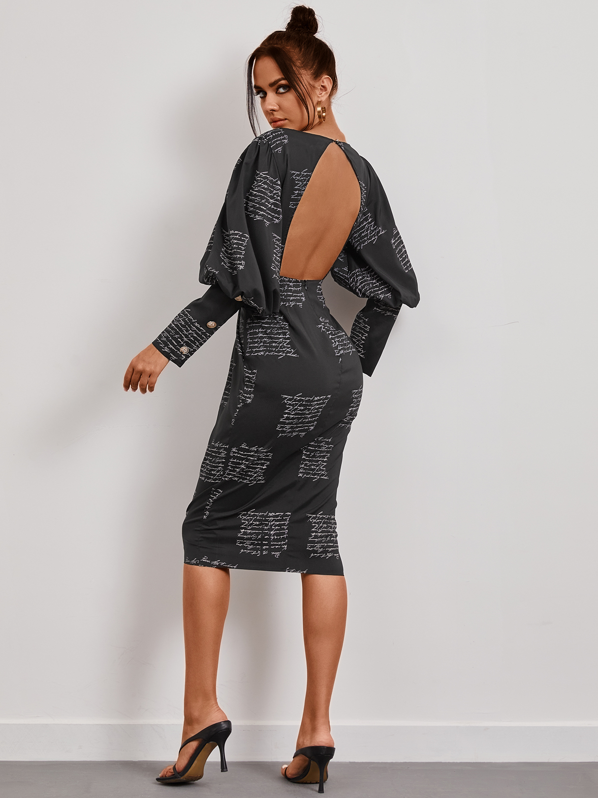 YOINS Black Letter Print Backless Round Neck Puff Sleeves Midi Dress