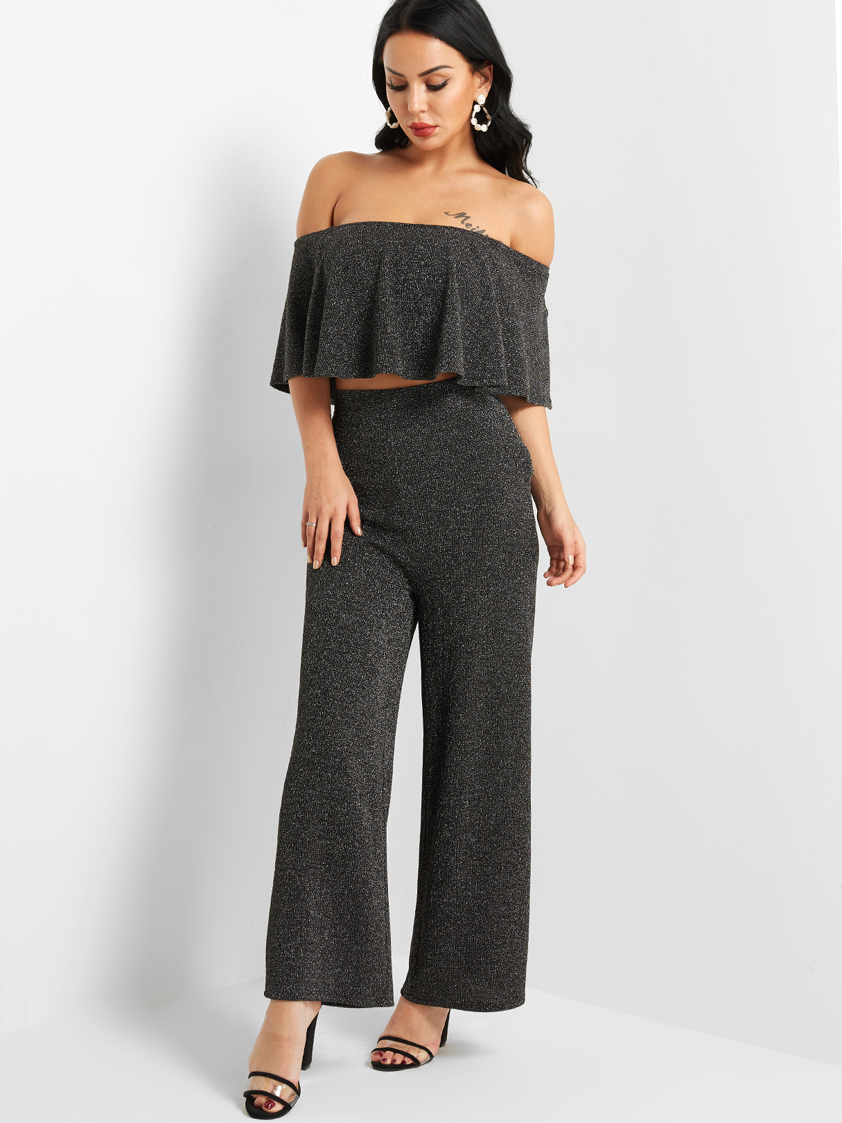 Metallic Shimmer Off-The-Shoulder Two Piece Outfits