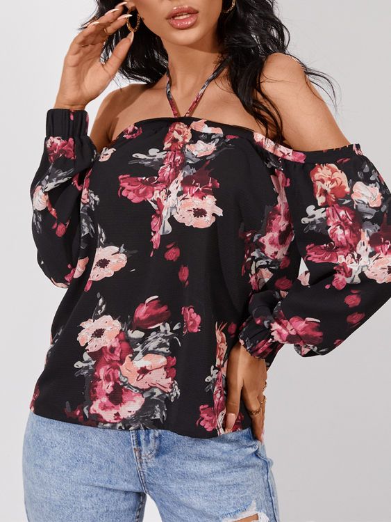 YOINS Black Random Floral Print Off The Shoulder Long Sleeves Blouse