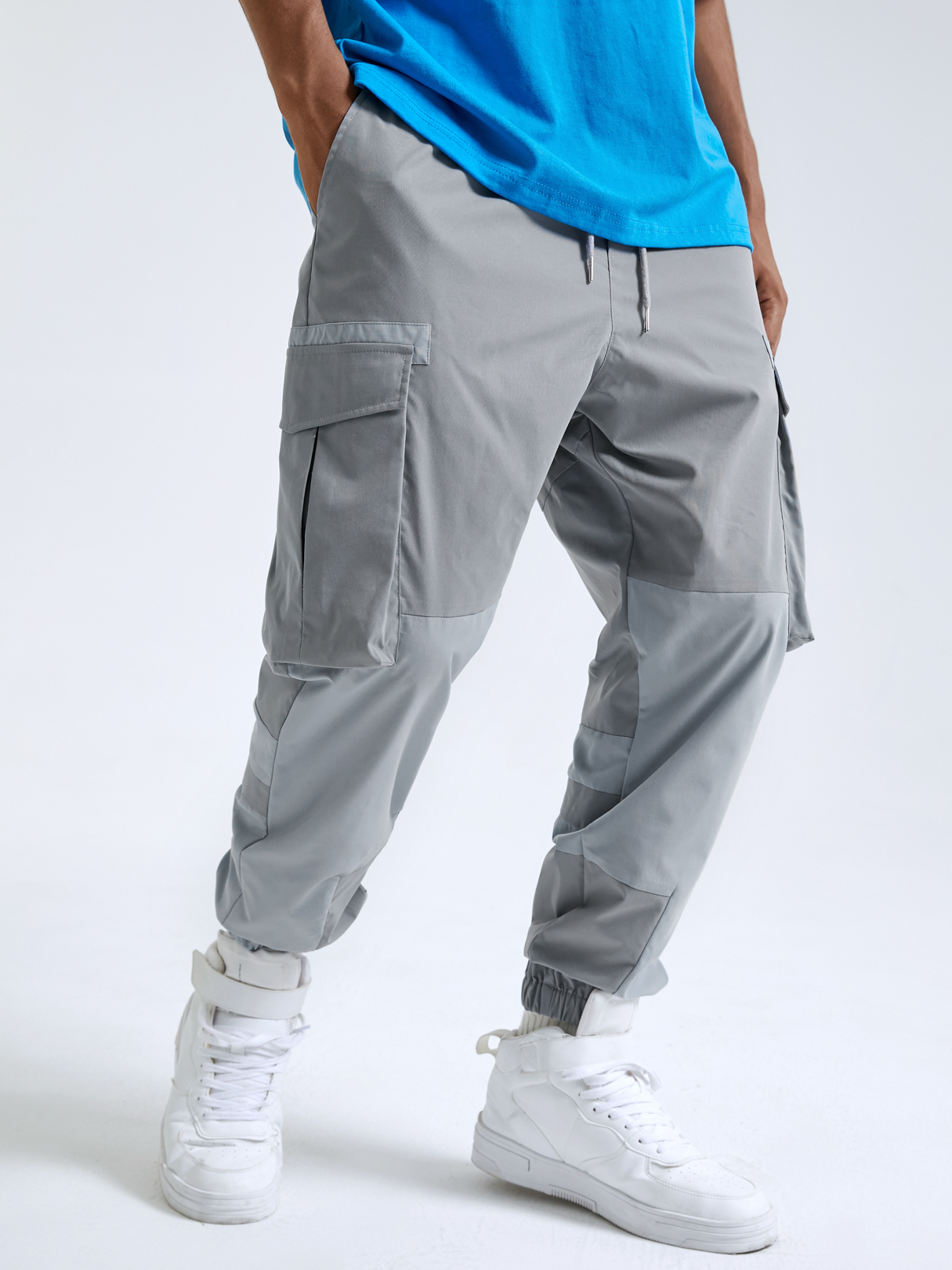 Men Casual Color Block Splicing Multi-pocket Drawstring Cargo Pants