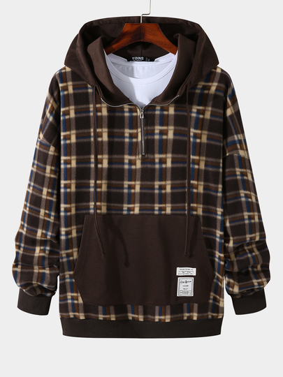 Men Color Block And Plaid Patchwork Hoodied