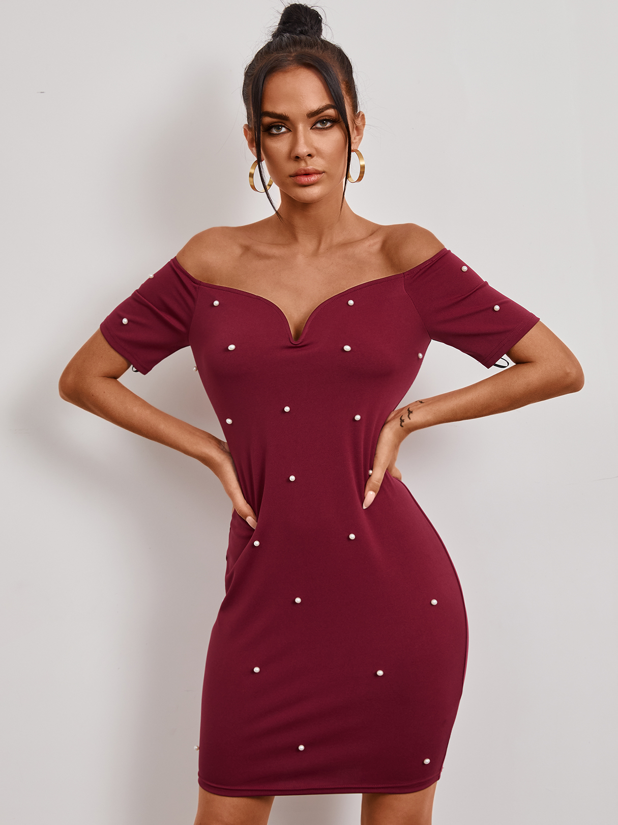 YOINS Burgundy Pearl Details Off The Shoulder Short Sleeves Dress