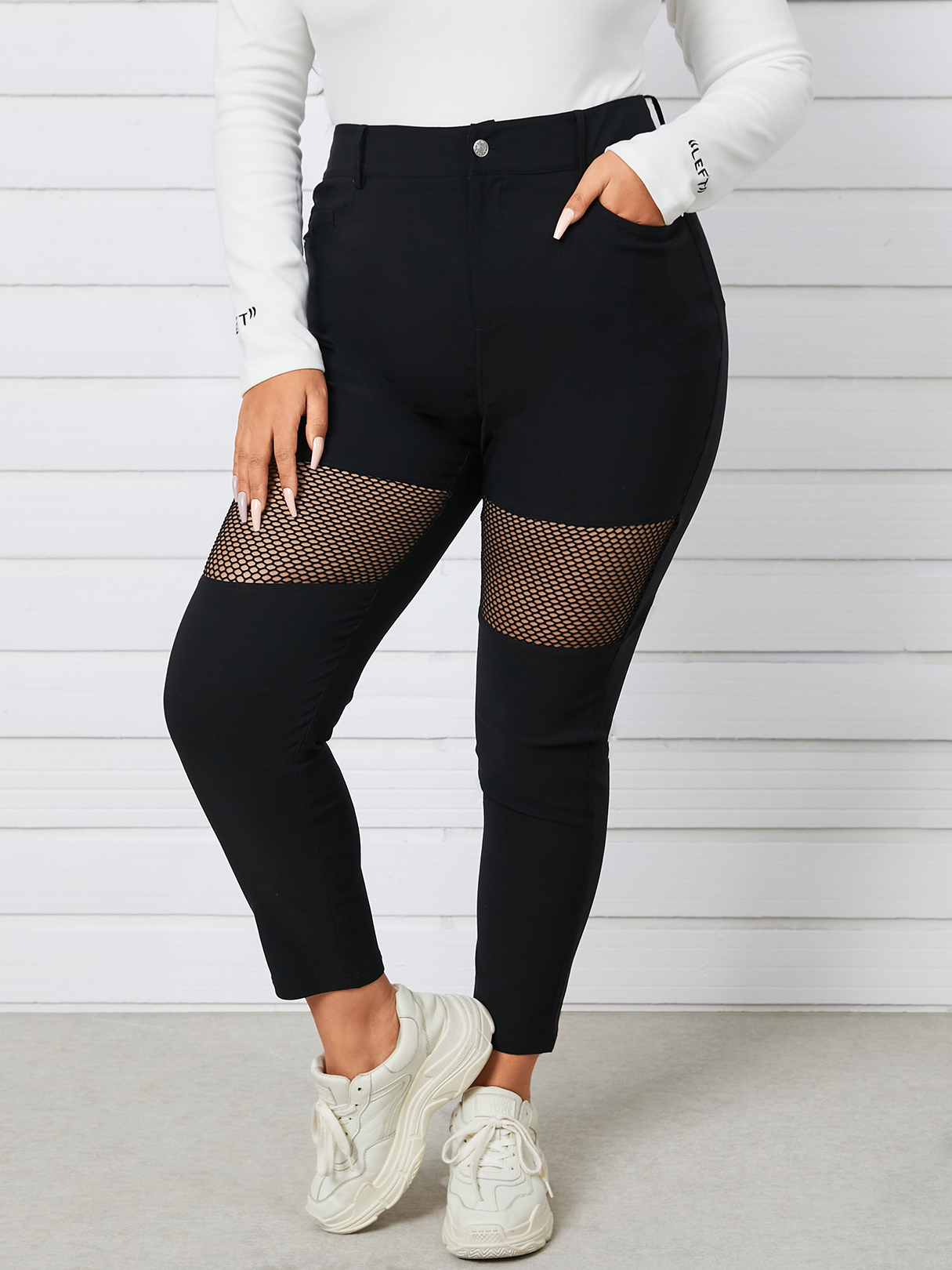 YOINS Plus Size Patchwork Pocket Design Fishnet Pants