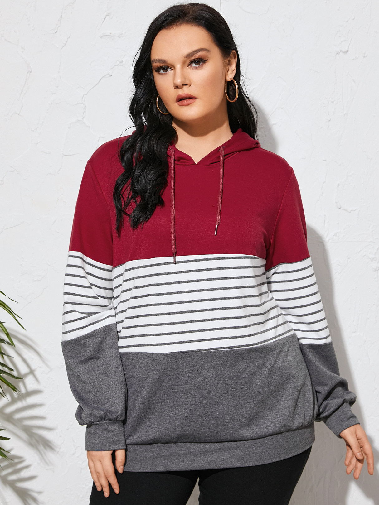 YOINS Plus Size Striped Hooded Design Patchwork Sweatshirt