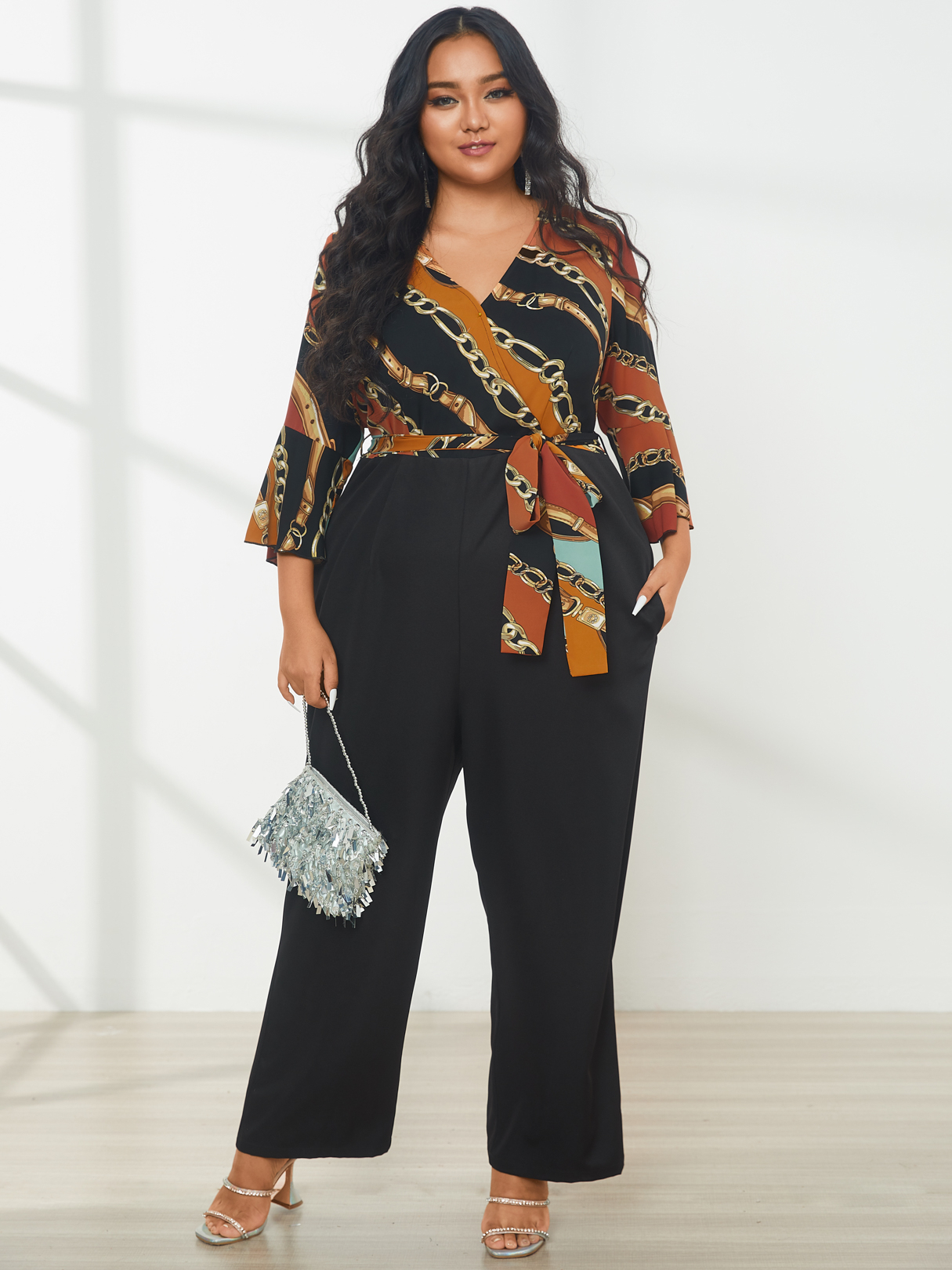 YOINS Plus Size V-neck Belt Design Wrap Design 3/4 Length Sleeves Jumpsuit