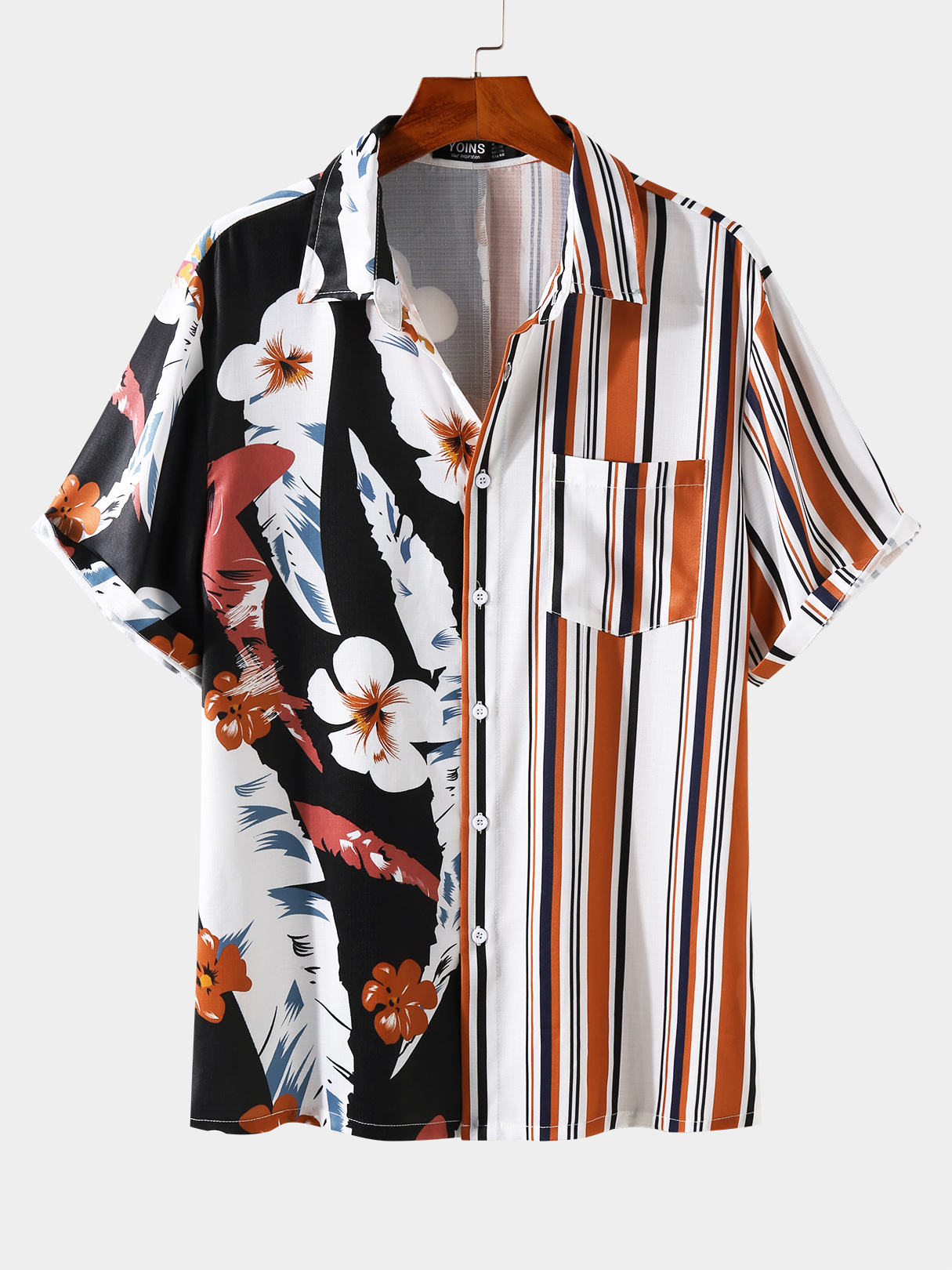 Men Tropical Print Striped Patchwork Bohemian Shirt