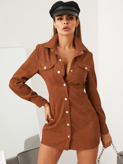 YOINS Coffee Corduroy Button Front Long sleeves Mini Dress
