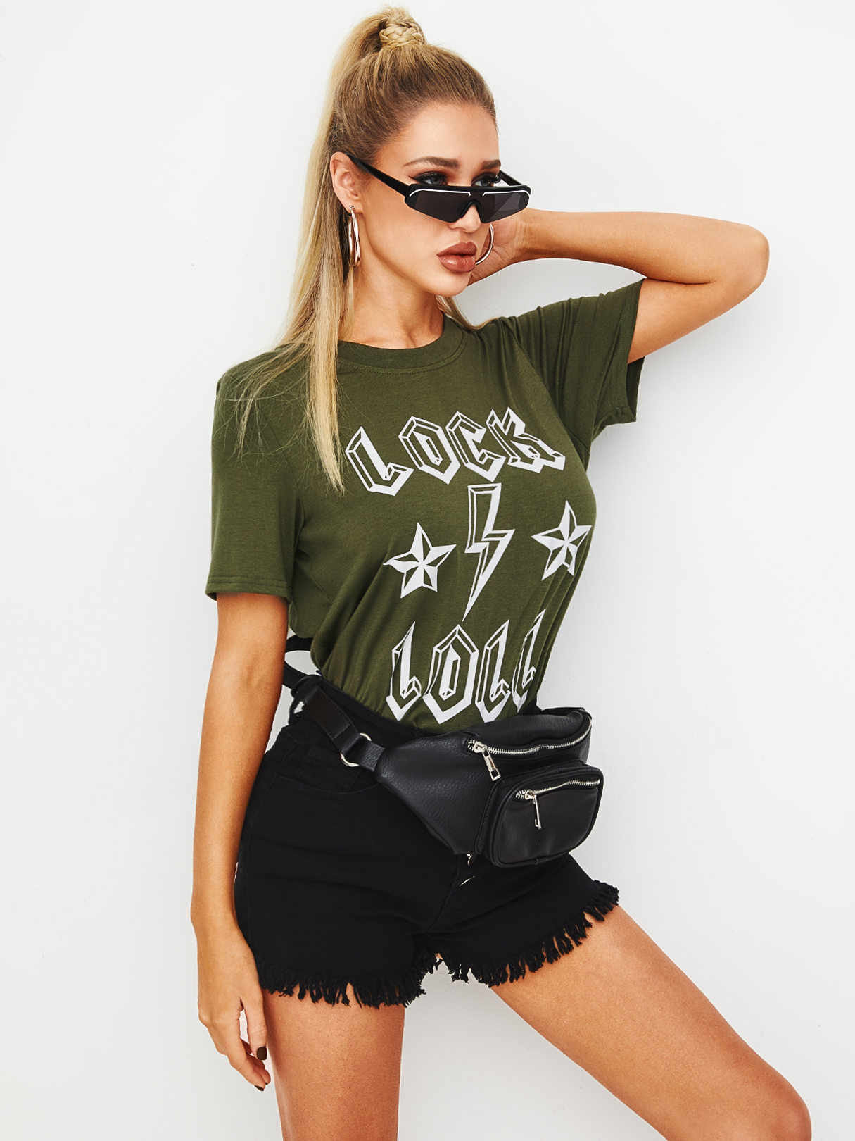 YOINS Green Letter Print Short Sleeves Tee
