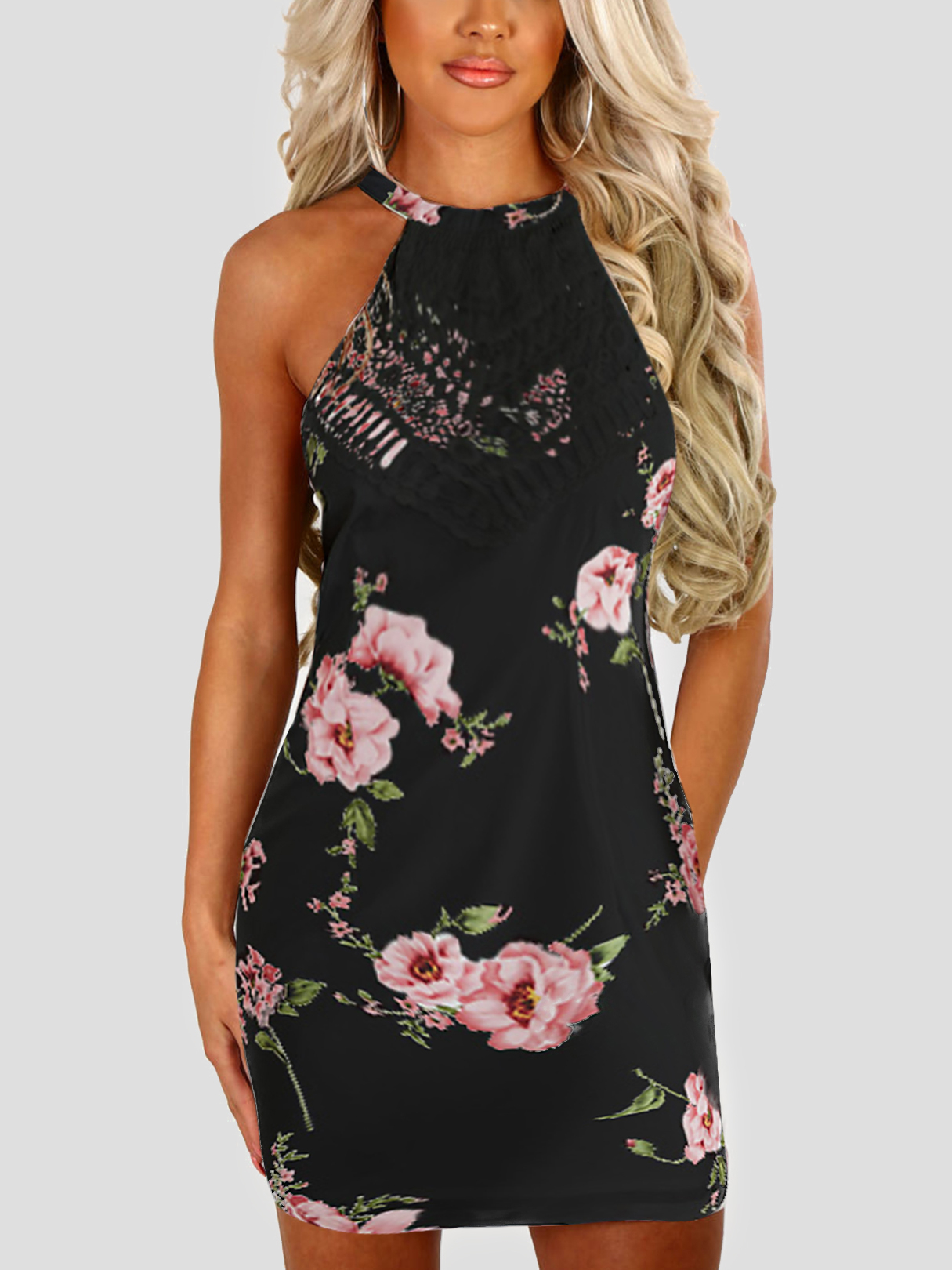 Black Halter Random Floral Print Mini Dress