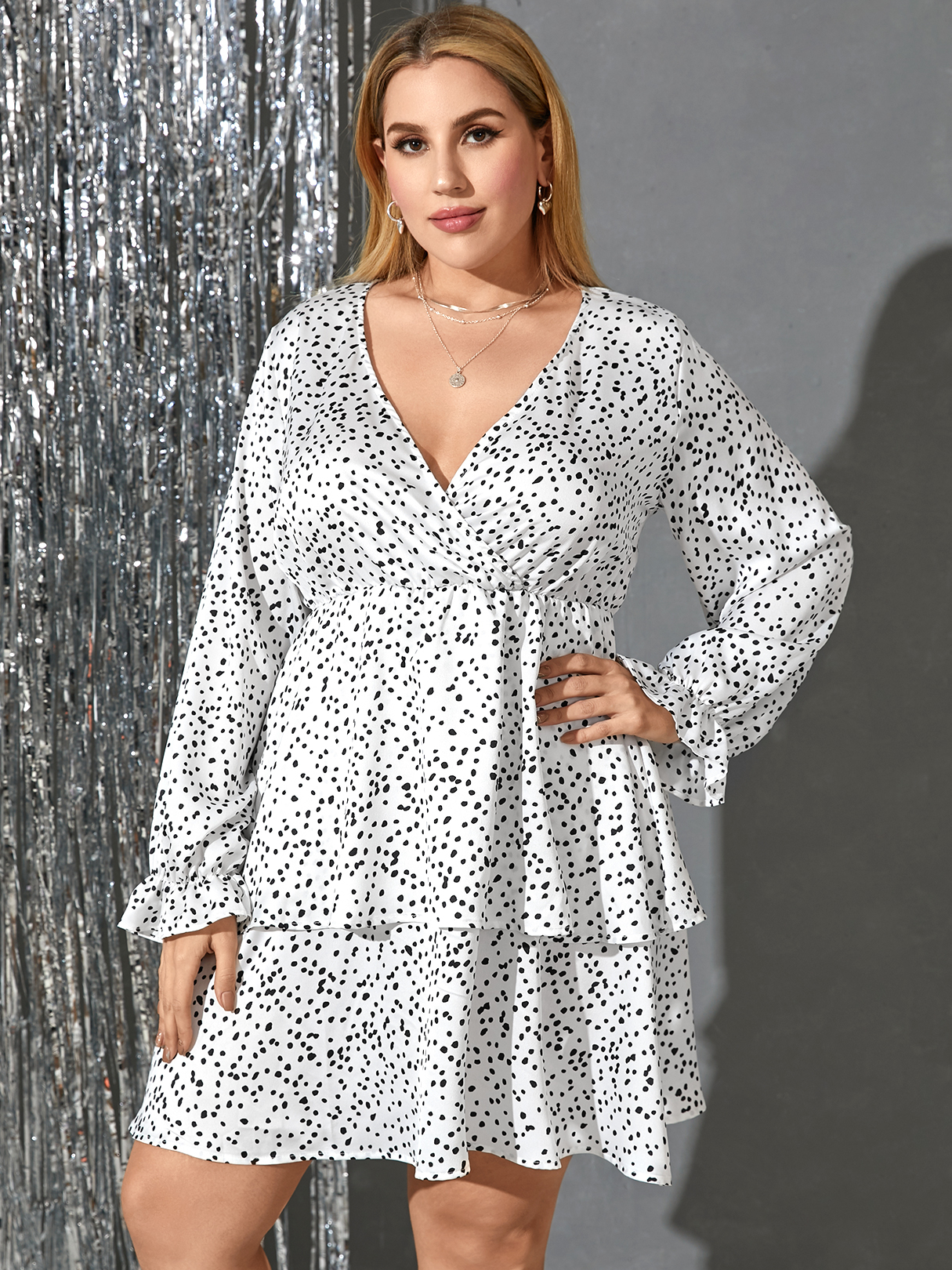 Plus Size V-neck Polka Dot Tiered Design Wrap Design Long Sleeves Dress
