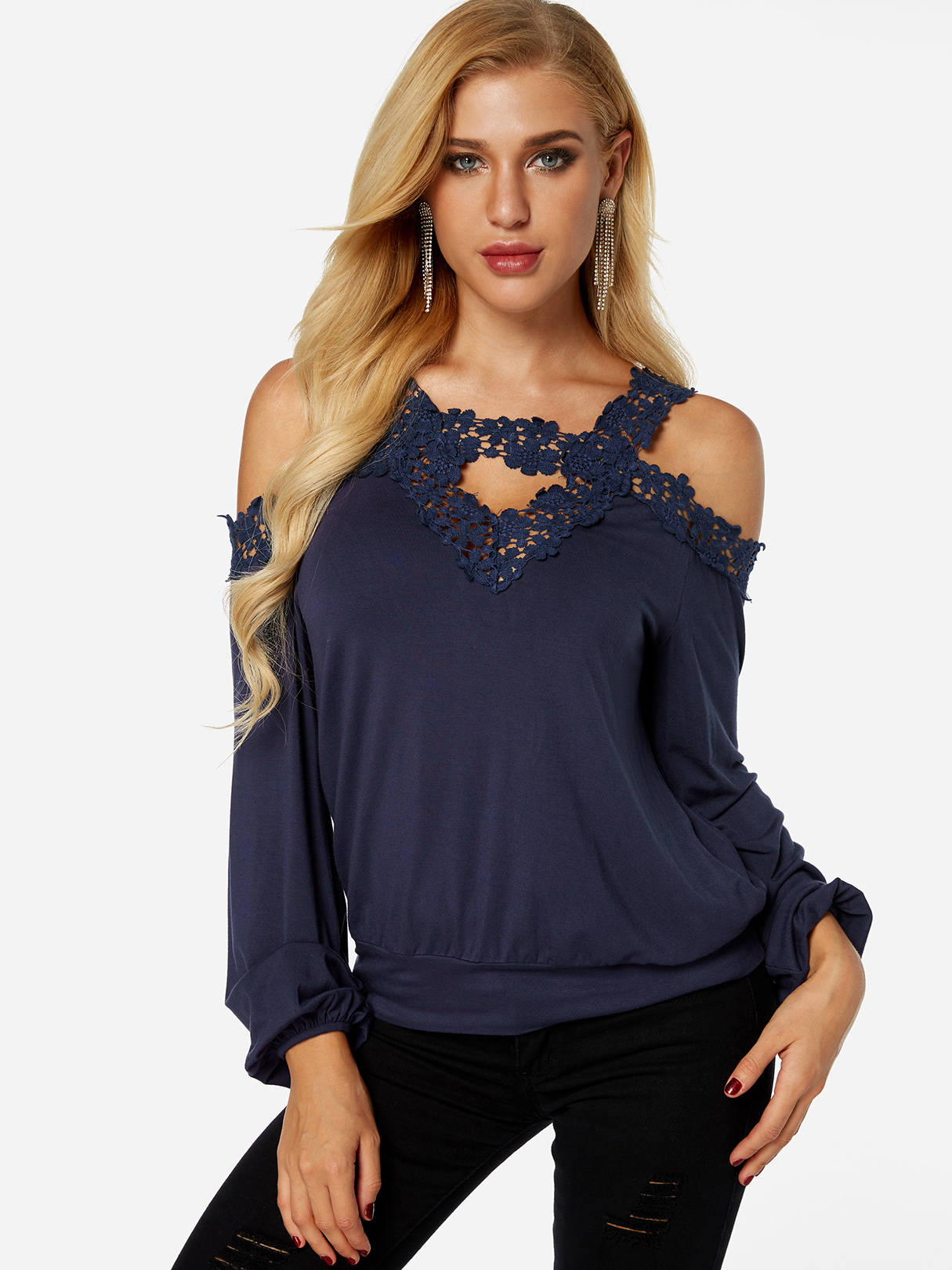 Navy Cut Out Cold Shoulder Long Sleeves Lace Trim T-shirt
