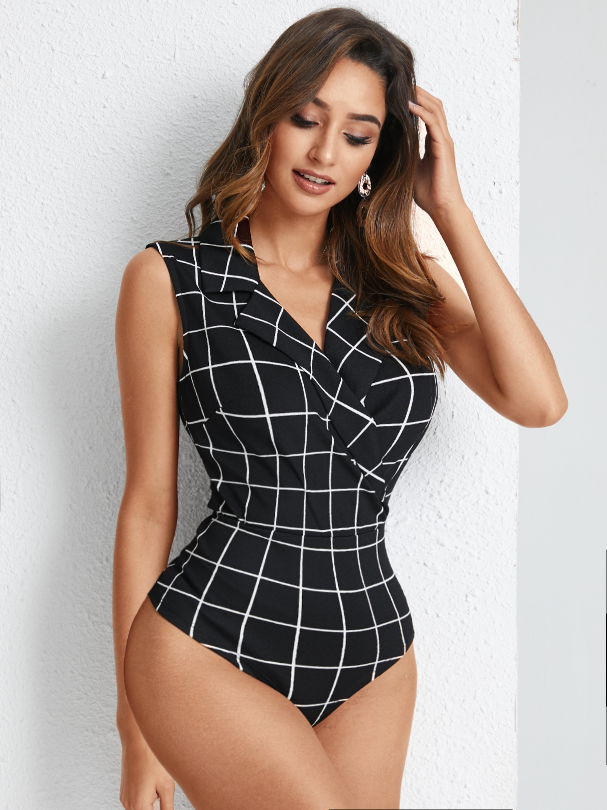 YOINS Plaid Wrap Design Notch Collar Sleeveless Bodysuit