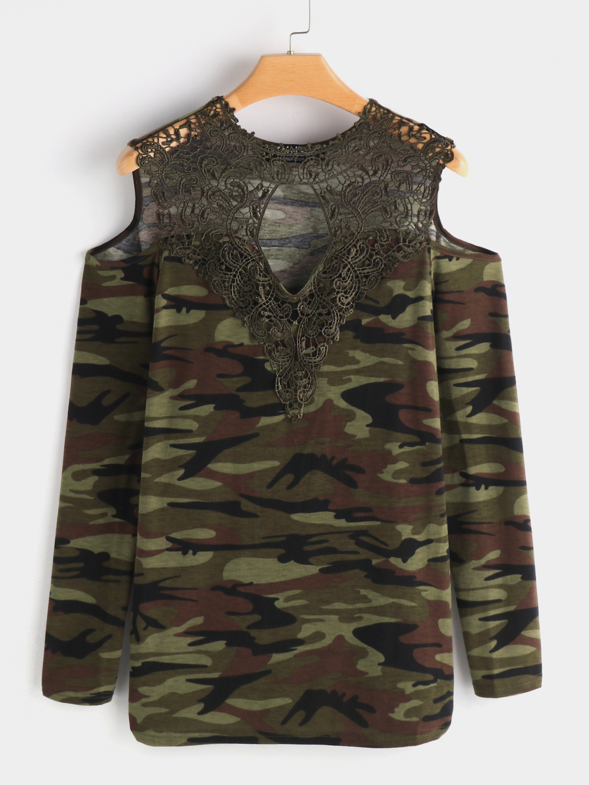 Camo Lace Details Camouflage Cold Shoulder Long Sleeves T-shirts