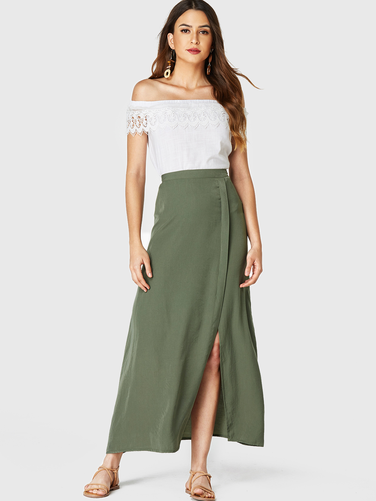 YOINS Army Green Split Design Long Skirt