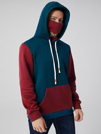 Men Contrast Patchwork Casual Drawstring Hoodie