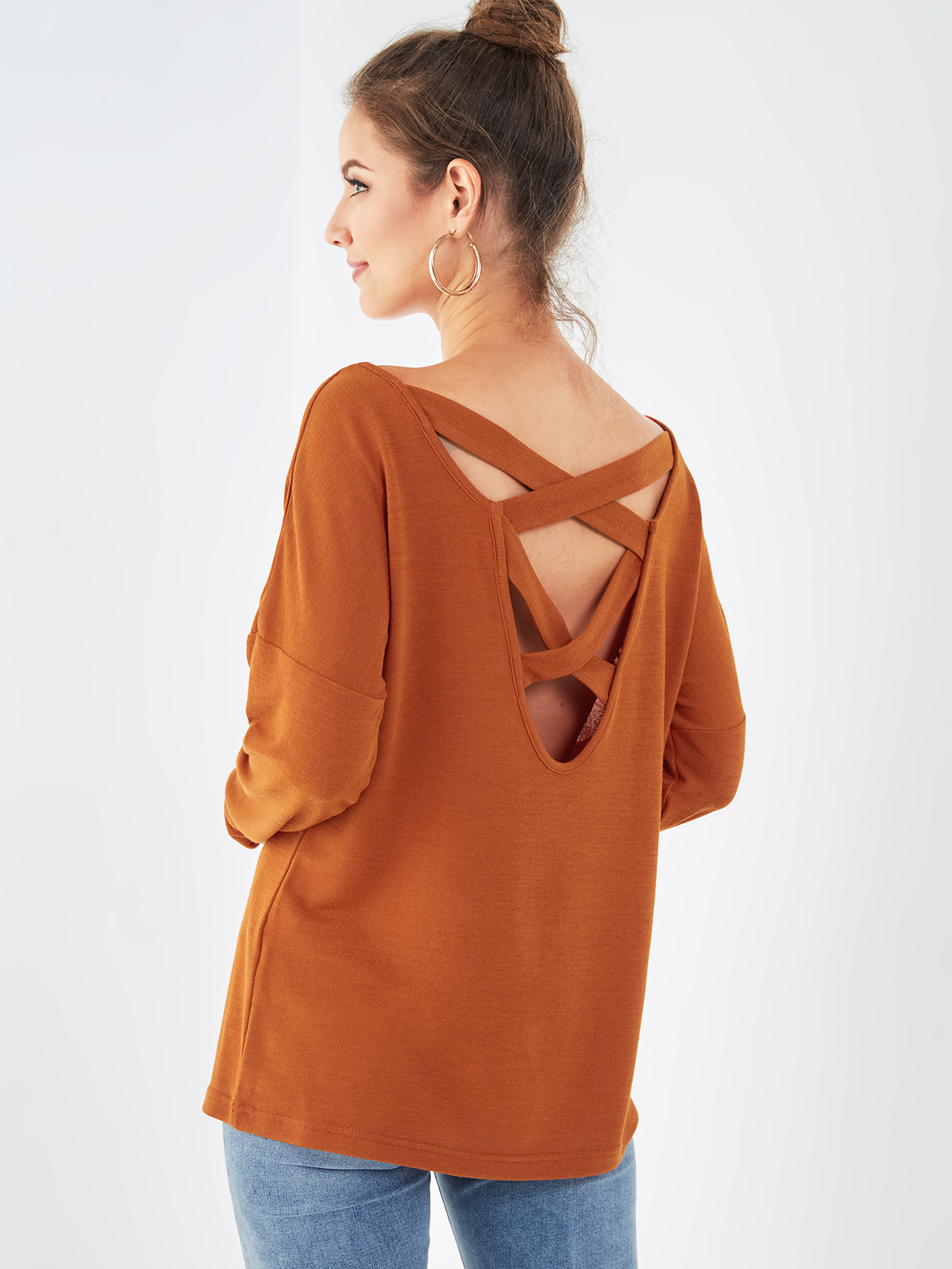 YOINS Orange Criss-cross Back Round Neck Long Sleeves Sweatshirt