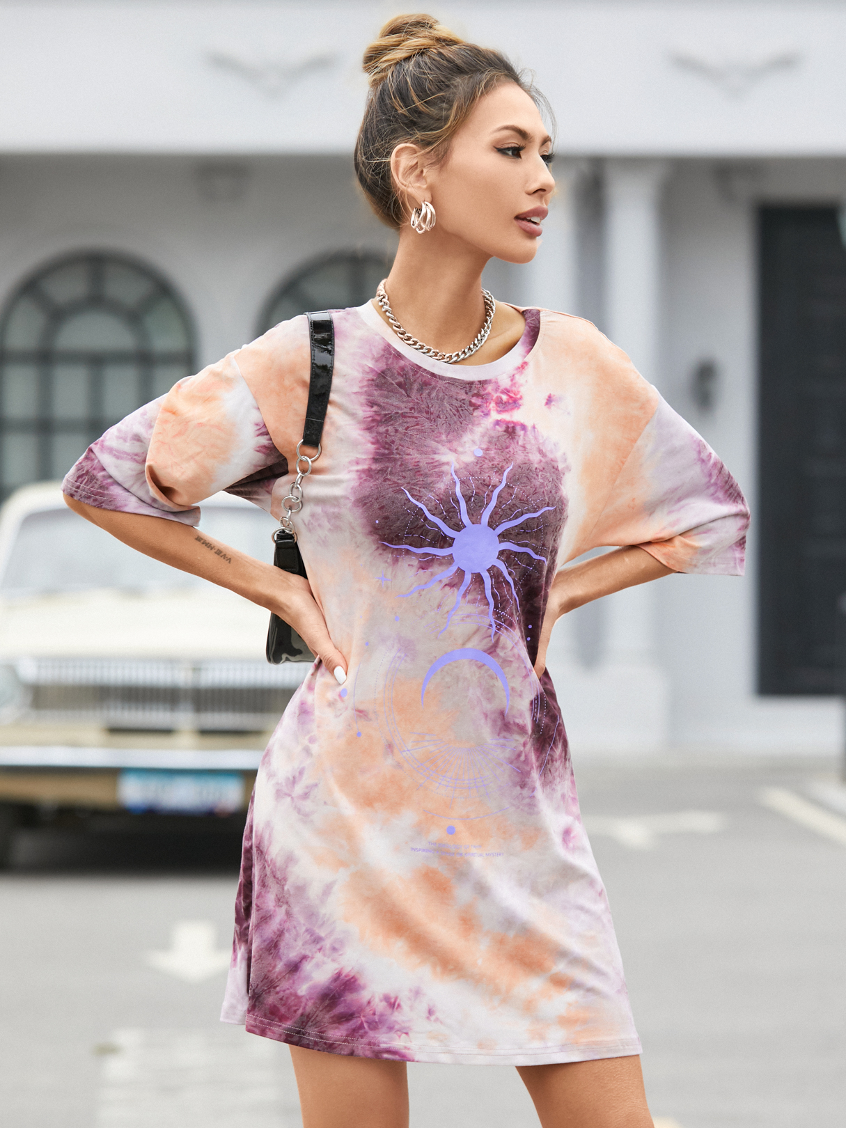 YOINS Round neck Graphic Tie Dye Short sleeves Mini Dress