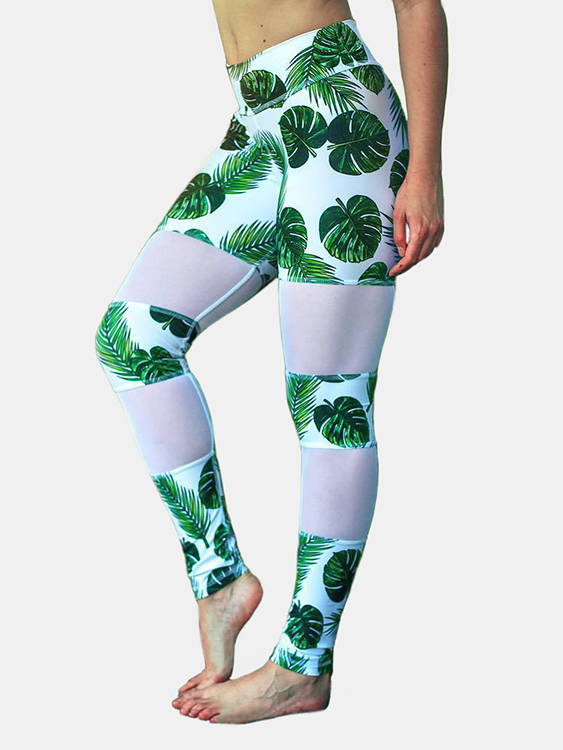 Active Random Floral Print Quick Drying Gym Leggings in Green