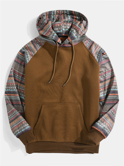 Men Vintage Tribal Print Patchwork Raglan Sleeve Casual Hoodie
