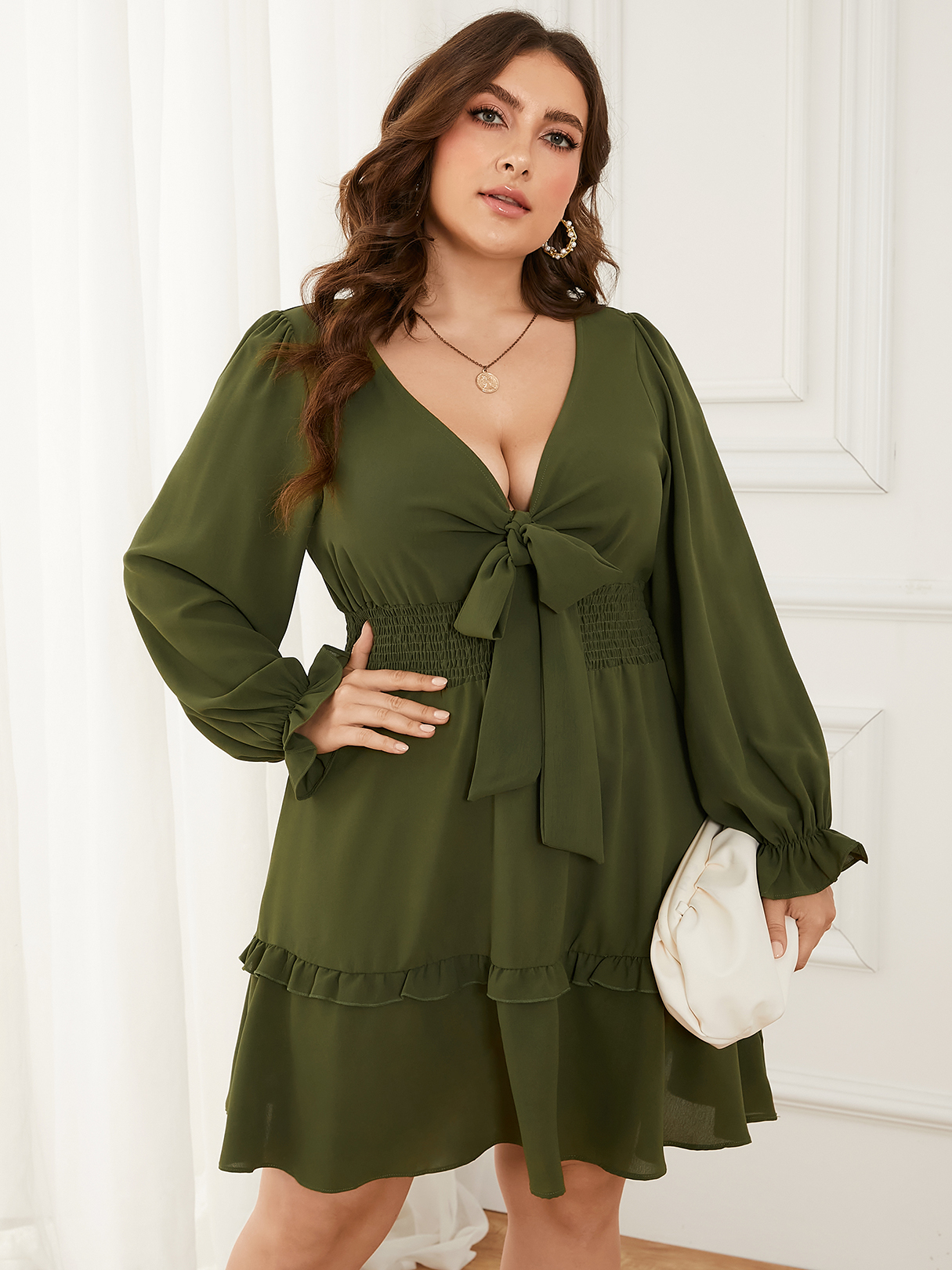YOINS Plus Size V-neck Shirring Lettuce-Edge Tie-up Design Long Sleeves Dress
