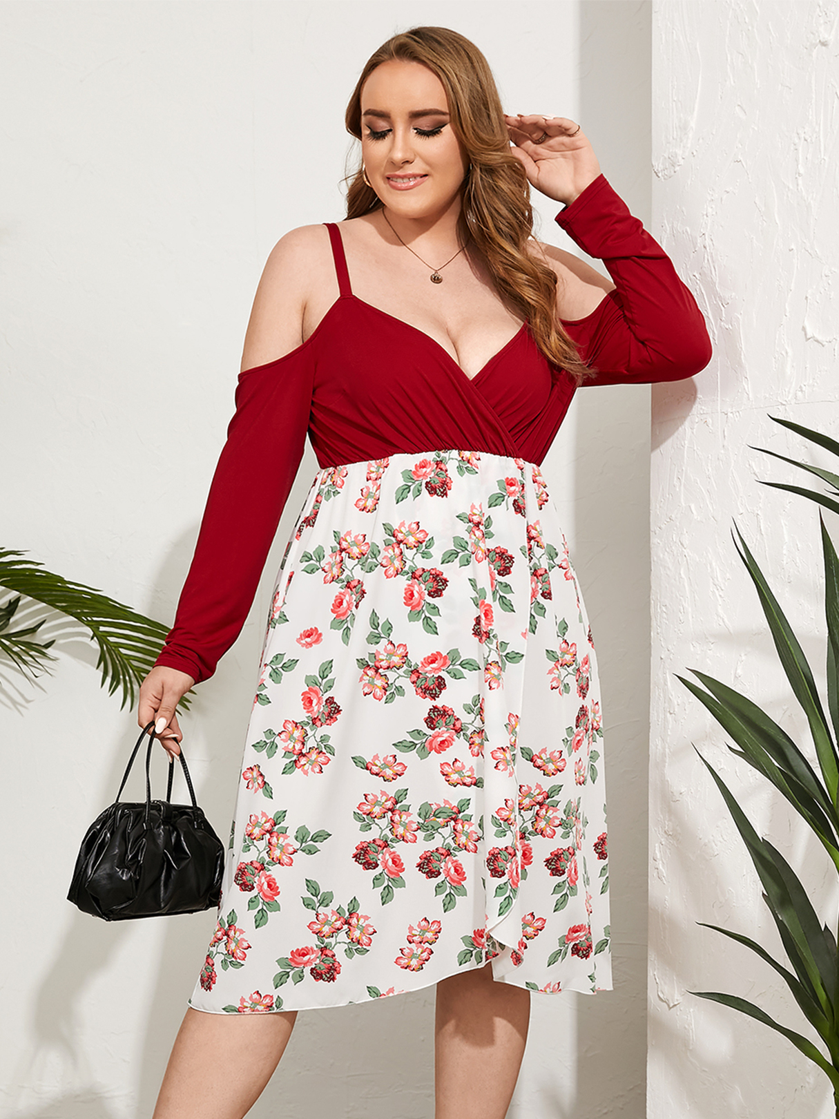 YOINS Plus Size Cold Shoulder Floral Print Patchwork Long Sleeves Dress