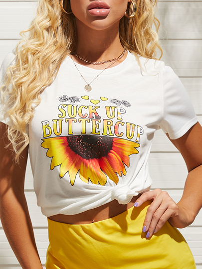 YOINS White Sunflower Letter Crew Neck Short Sleeves Tee