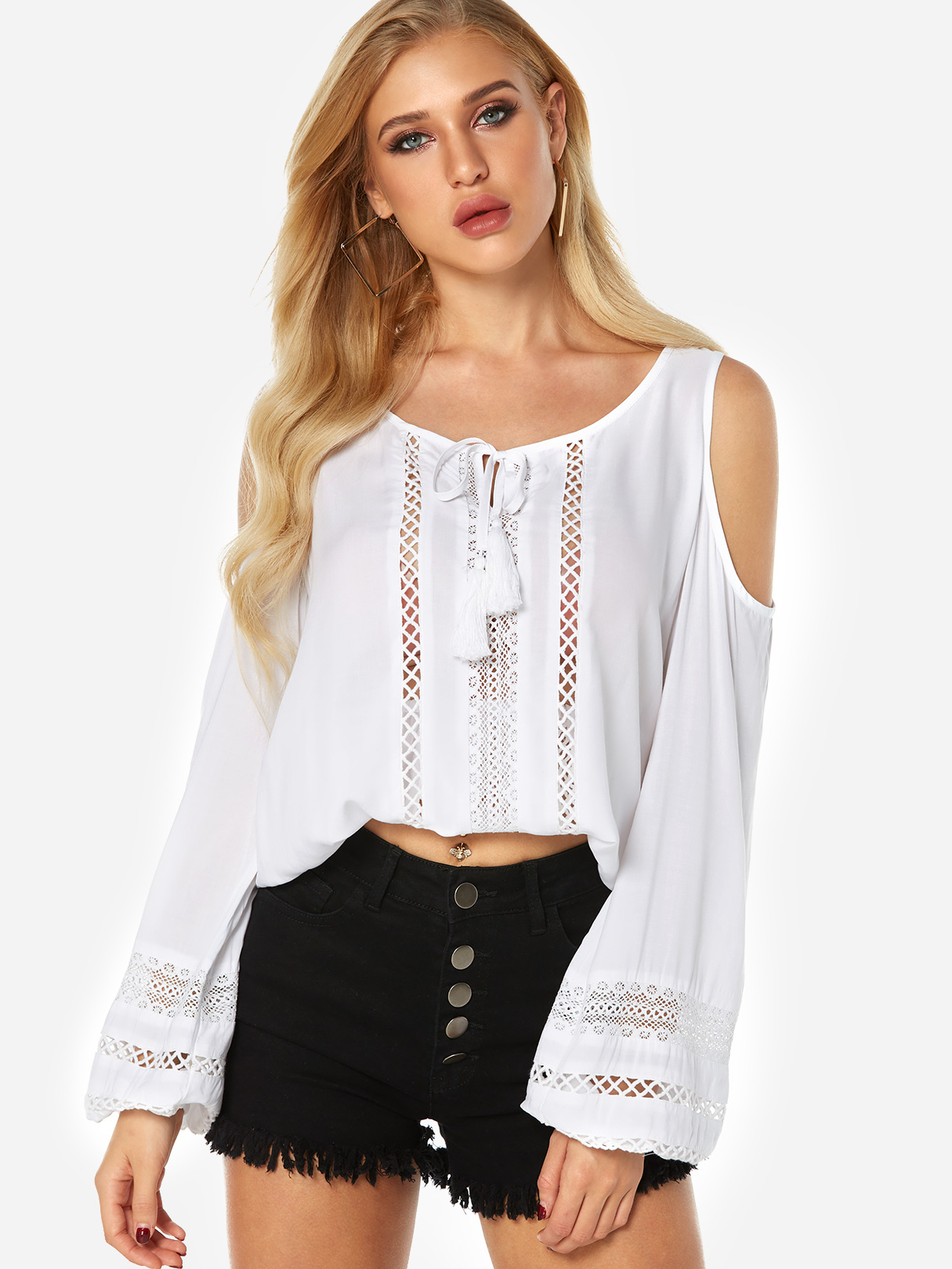 White Hollow Design Cold Shoulder Long Bell Sleeves Top