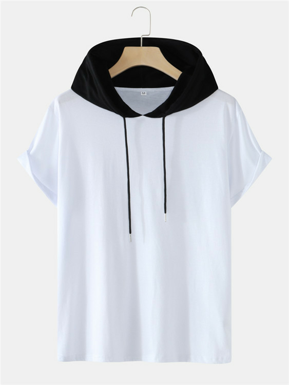 Men Casual Cotton Color Block Patchwork Drawstring Hooded T-Shirt