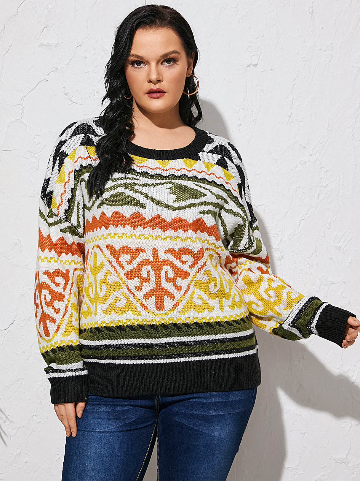 Plus Size Round Neck Tribal Long Sleeves Sweater