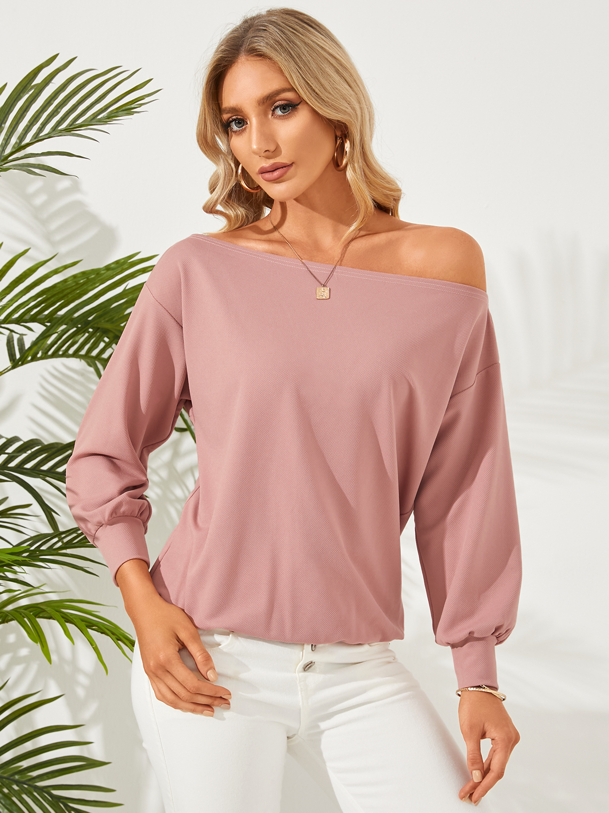 YOINS Pink One Shoulder Long Sleeves Sweatshirt