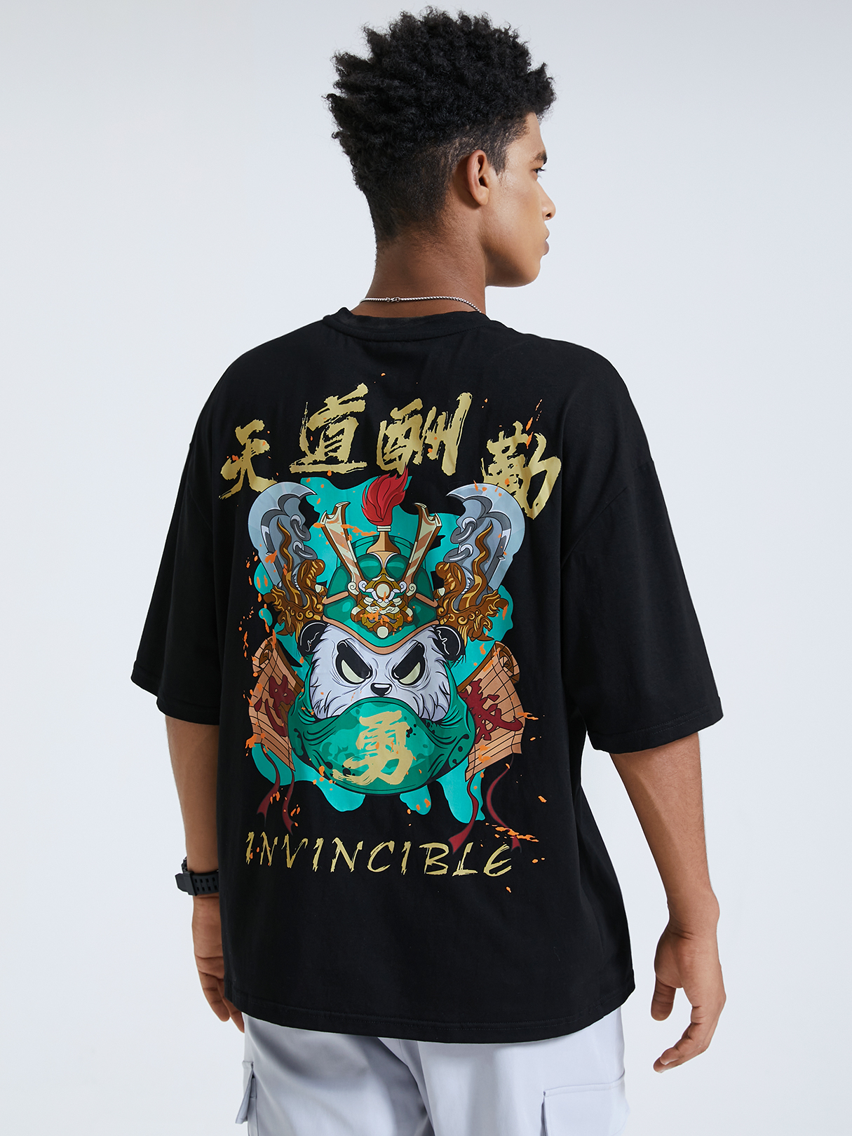 Men Cartoon Panda And Chinese Slogan Printing T-Shirt