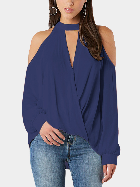 Navy Crossed Front Design Cold Shoulder V-neck Lantern Sleeves Top