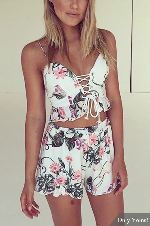 Floral Print Sleeveless Lace-up Co-ord