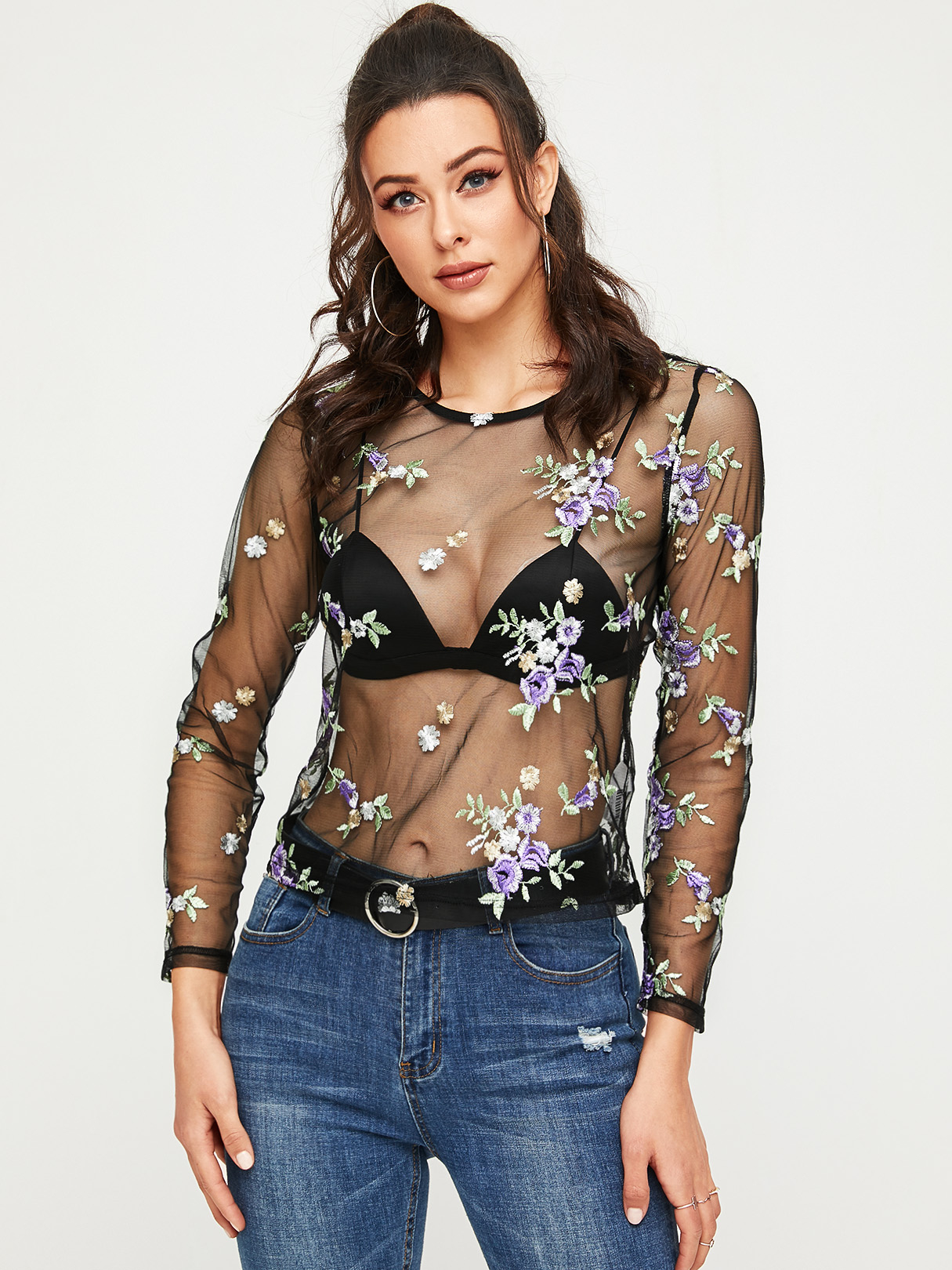 YOINS Black See Through Design Floral Round Neck Long Sleeves Tee