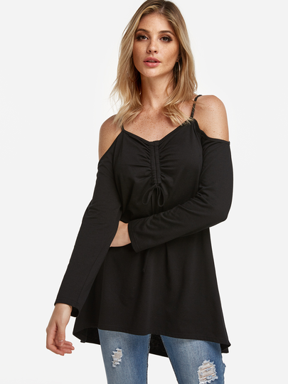 Black Lace-up Details Cold Shoulder Long Sleeves T-shirt