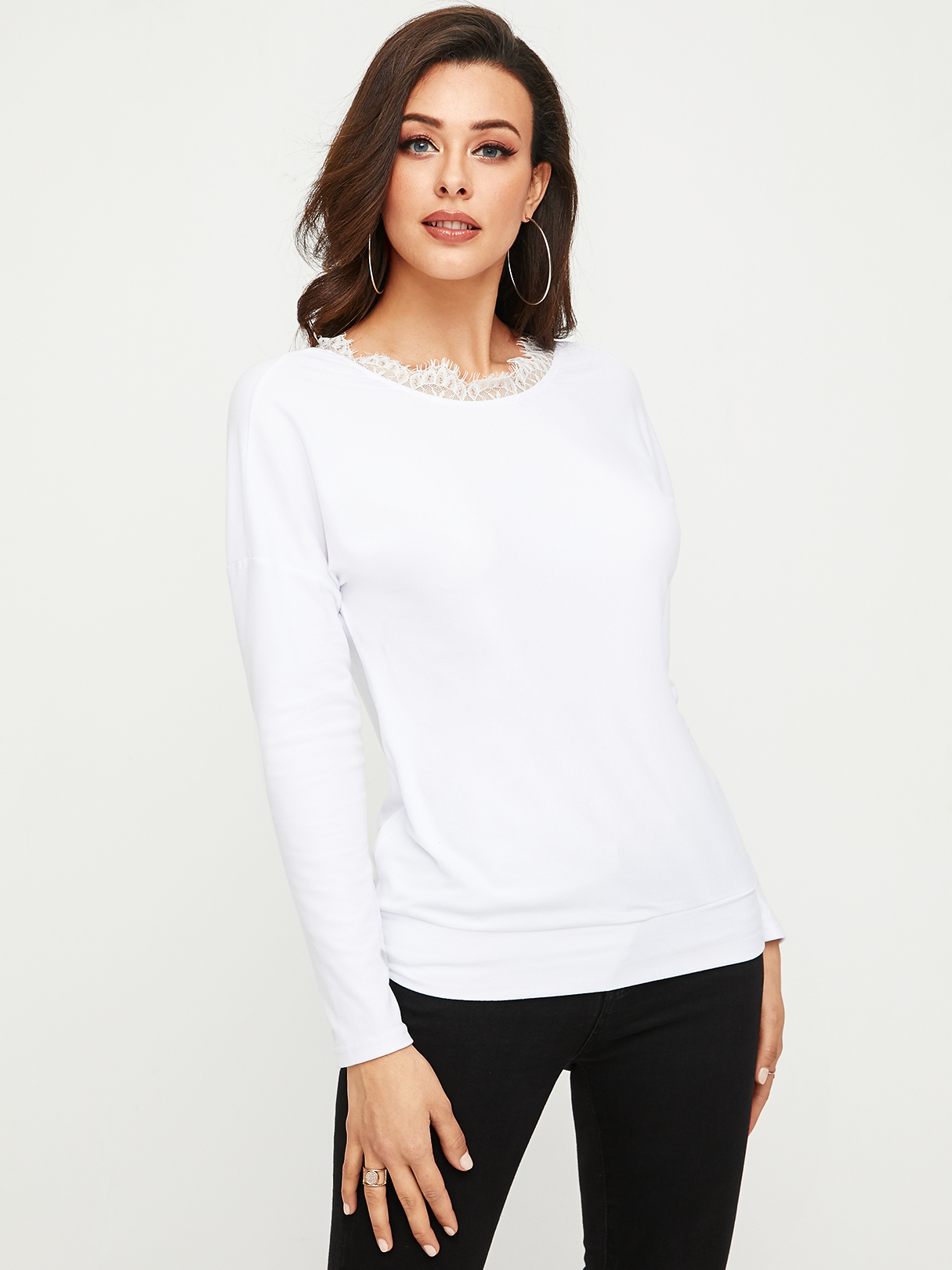 YOINS BASICS White Backless Design Round Neck Long Sleeves Tee
