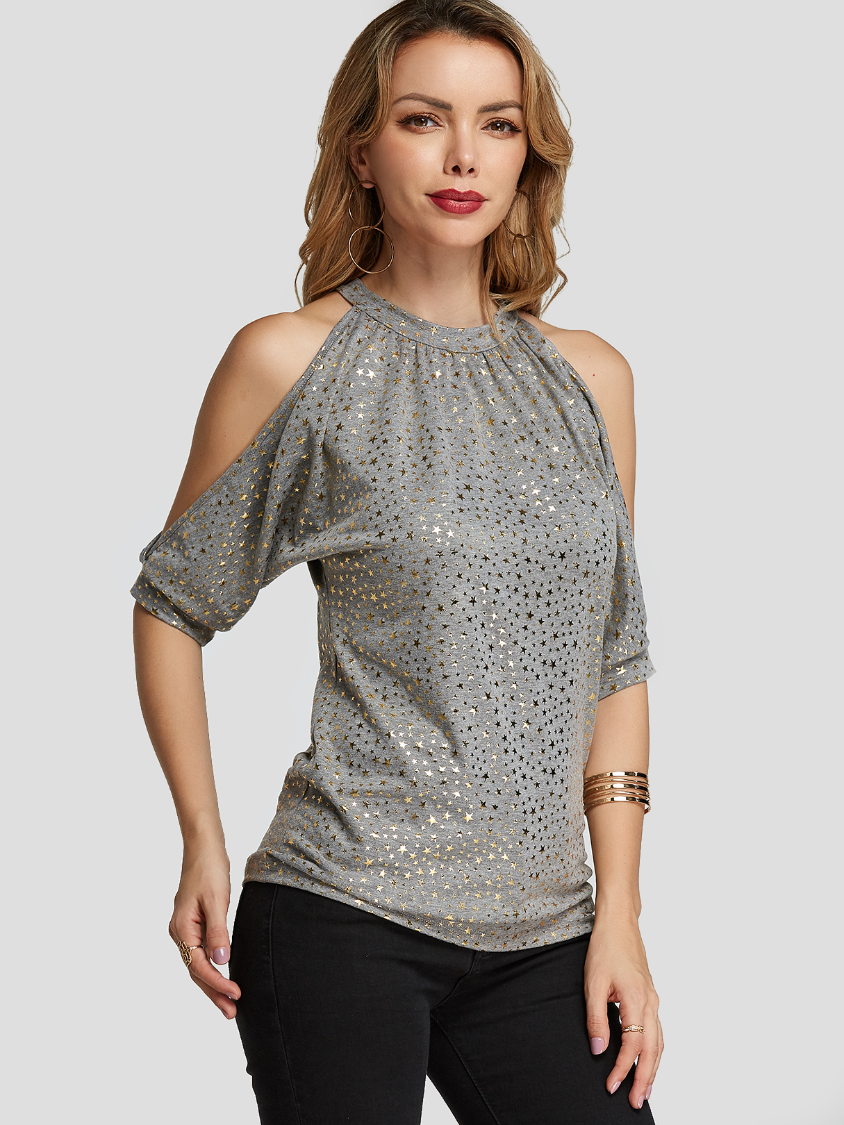 YOINS Gray Glitter Halter Star Cold Shoulder Tee